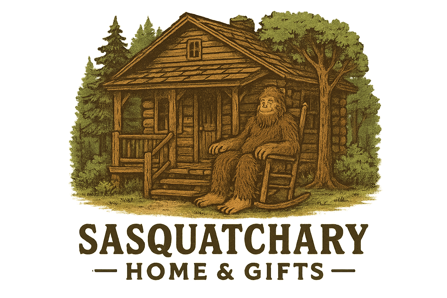 Sasquatchary Home & Gifts Logo with bigfoot seeting in a wooded rocker chair that sits on a cover porch of a log cabin in the woods